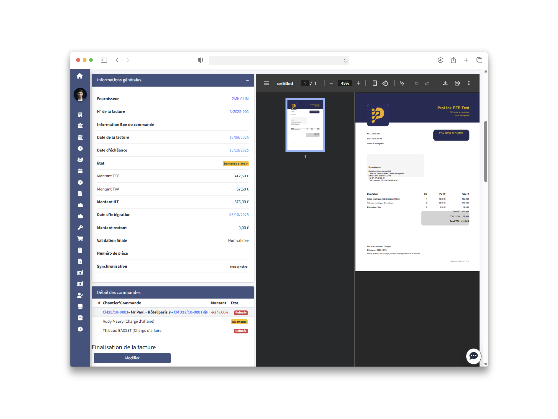 ProLink BTP : traitement d’une facture en 2 minutes via une interface intuitive. Interface simplifiée de traitement des factures avec ProLink BTP.